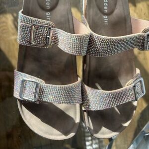 Madden Girl Teddy slide sandals, suede footbed with iridescent rhinestones